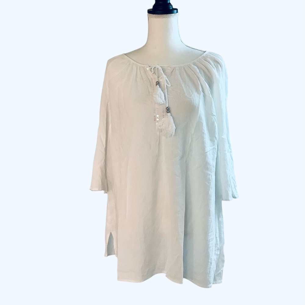 Catherines Women's Top Raglan Sleeve White Round Neck Sequins Tassel Size 0X